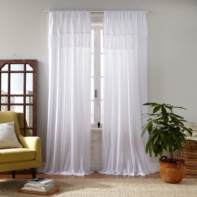 Elrene Home Fashions Calypso Boho Hand-Knotted Macrame Tassel Semi-Sheer Cotton Rod-Pocket Window Curtain Panel, 52 inches by 84 inches, White - Image 1